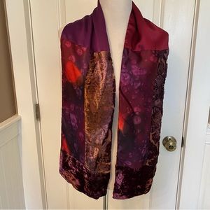 MINA MANN SCARF PURPLE RED VELOUR BURNOUT SILK PATCHWORK TIE DYE LOOK RECTANGLE